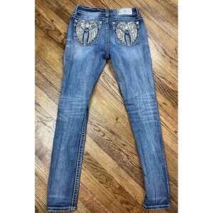 Miss Me Mid-Rise Jeans Skinny Fit Embellished Embroidered Blue Jeans Sz 27x31.5